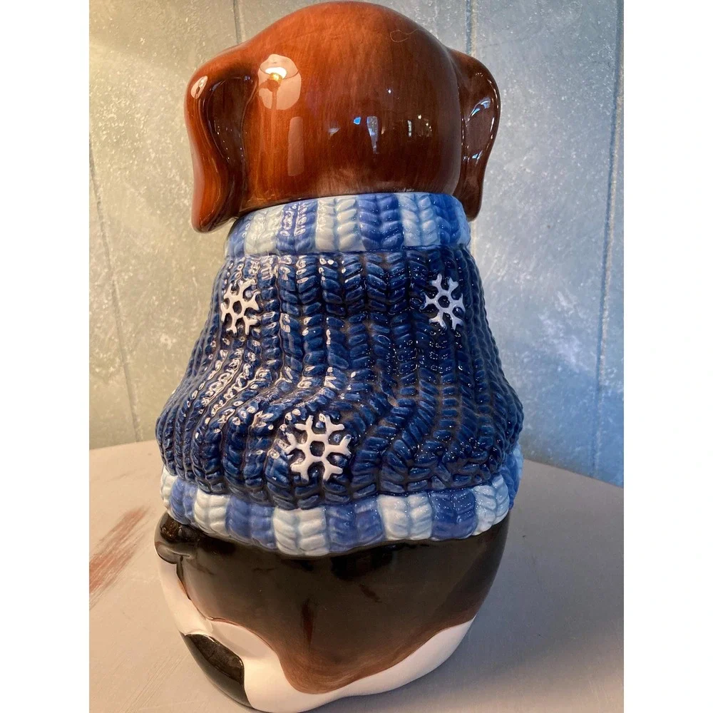 Dog And Puppy Cookie Jar In Snowflake Christmas Sweater